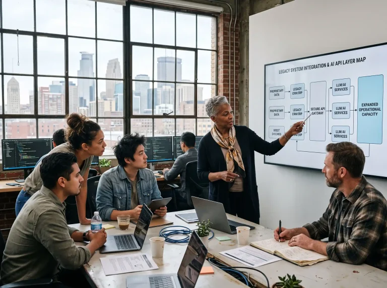 A diverse enterprise technology team maps legacy data systems to advanced LLM API layers for an AI digital transformation Minneapolis project.