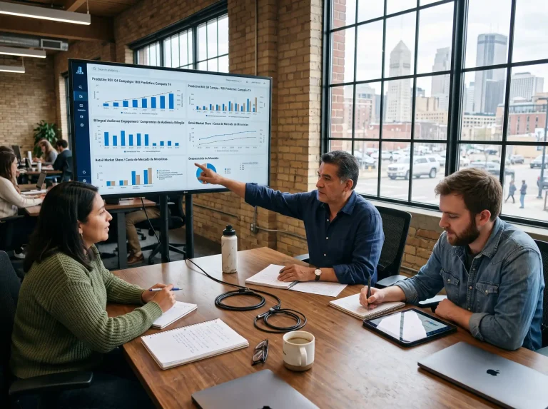 Founder Juan Llerena leads a bilingual strategy session, using predictive technology for retail-focused AI marketing and advertising Minneapolis campaigns in a new collaboration space.