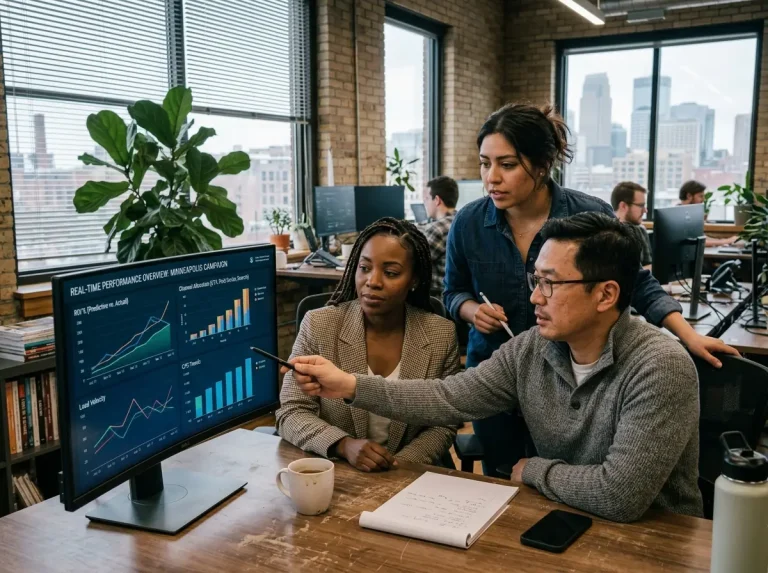 A diverse team analyzes a real-time ROI and conversion dashboard with multi-channel data to optimize AI marketing and advertising Minneapolis campaigns for JLLB Media.