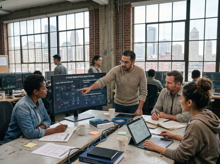 A diverse team of engineers collaborates on an intricate technical schematic for the 4-Phase AI Digital Transformation Minneapolis architecture at a large workstation.