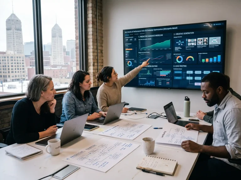 A diverse team collaborates on optimizing the 4-Pillar AI marketing and advertising Minneapolis framework for multi-channel performance campaigns.