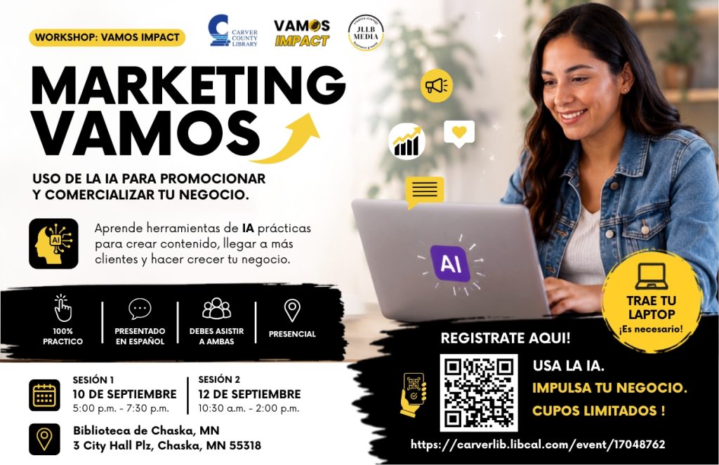 Spanish AI marketing workshop session flyer by Vamos Impact at Chaska Library Minnesota