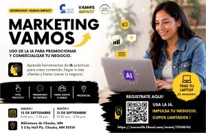 Spanish AI marketing workshop session flyer by Vamos Impact at Chaska Library Minnesota